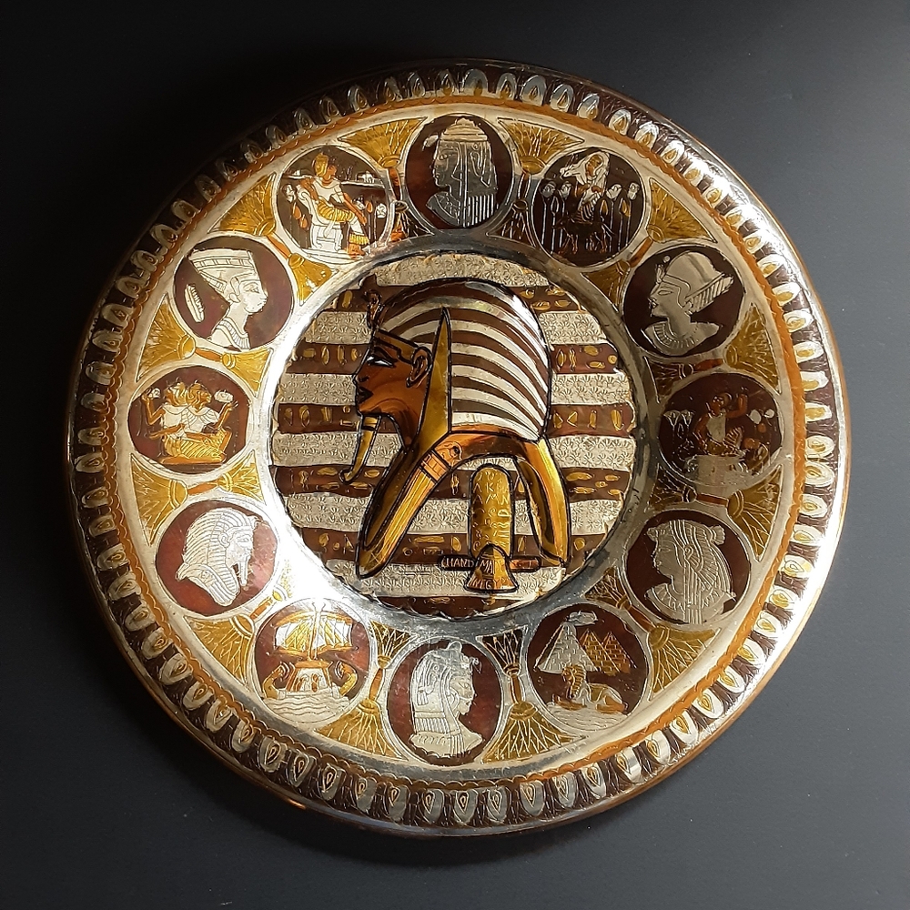 Tutankhamen Vintage Handcrafted Egyptian Pharaoh Decor Copper Plate Gold Silver